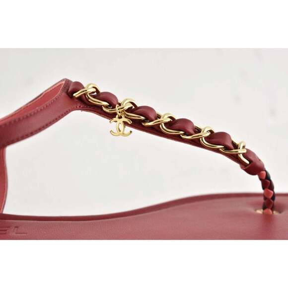 Chanel Red Braided Gold CC Logo Chain Thong Ankle Strap Slide Sandal Flat 36C - Picture 6 of 10